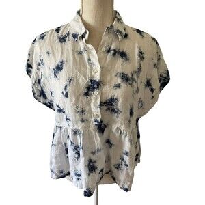 Rachel Zoe Blue‎ and White Tie Dye Linen Peplum Lagenlook Blouse Size Small